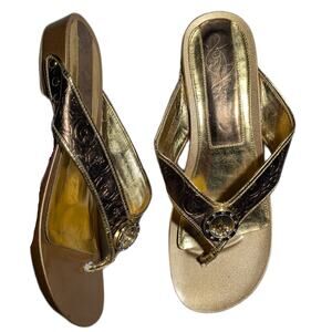 Vtg Y2K Baby Phat Gold Bronze Metallic Faux Leather Toe Post Thong Sandals Sz 7